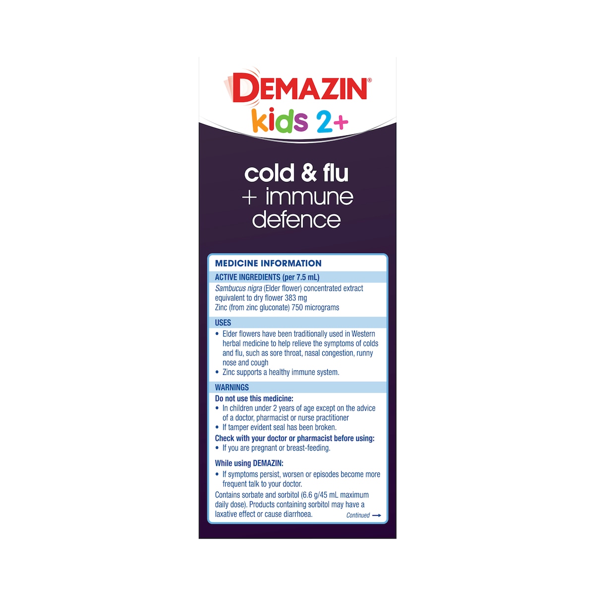 Demazin Kids 2+ Years Cold & Flu + Immune Defence Syrup Berry 200Ml